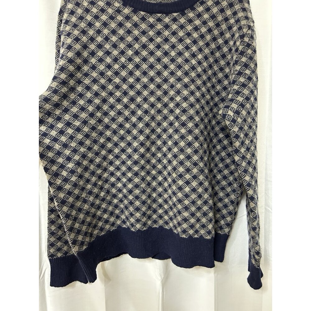J.Crew Crewneck Sweater Men’s Blue Tan 100% Lambs Wool Check Preppy Large - Picture 3 of 6